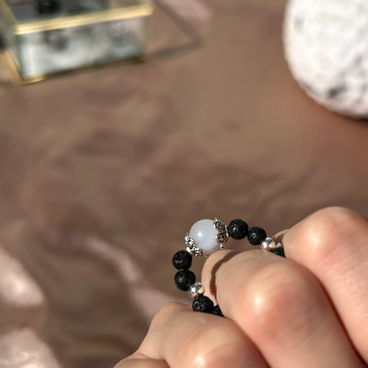 Blue Lace Agate Lava Rock Ring